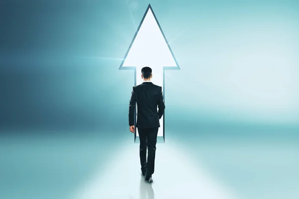 Businessman Walking Glowing Arrow Exit Possibility Success Concept — Stock Photo, Image