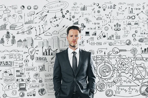 Success Plan Concept Portrait Young European Businessman Creative Business Sketch — Stock Photo, Image