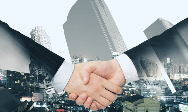 Close Handshake Abstract City Background Teamwork Union Concept Double Exposure — Stock Photo, Image