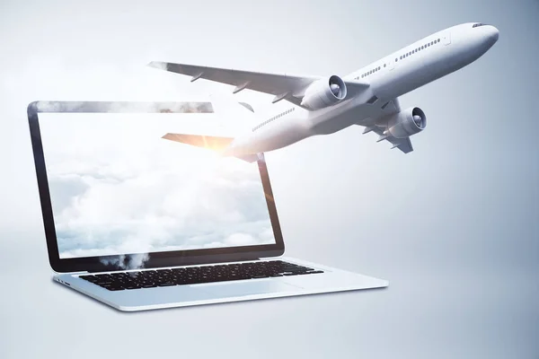 Repülőgép Repül Laptop Képernyő Online Foglalás Pihenés Fogalmát Leképezés — Stock Fotó