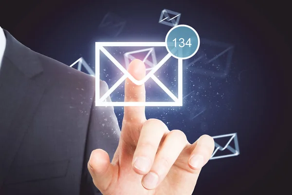 Hand Digital Email Icon Dark Background Correspondense App Concept — Stock Photo, Image