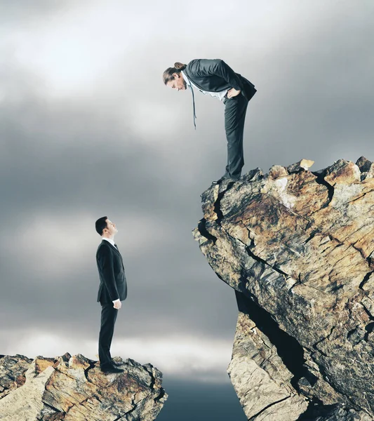 Two Businessmen Different Cliff Levels Looking Each Other Supervision Leadership — Stock Photo, Image