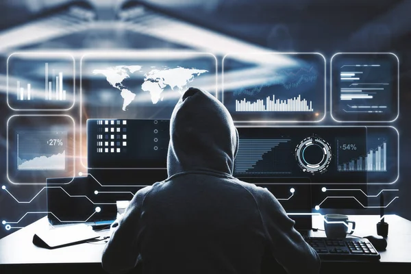 Hacker Mit Digitaler Business Schnittstelle Auf Verschwommenem Bürointerieur Zukunfts Und — Stockfoto