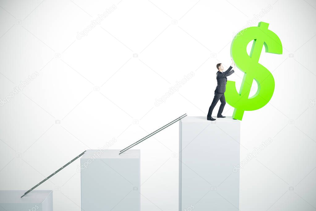 Businessman pushing dollar sign off white stairs. Success and investment concept. 3D Rendering 