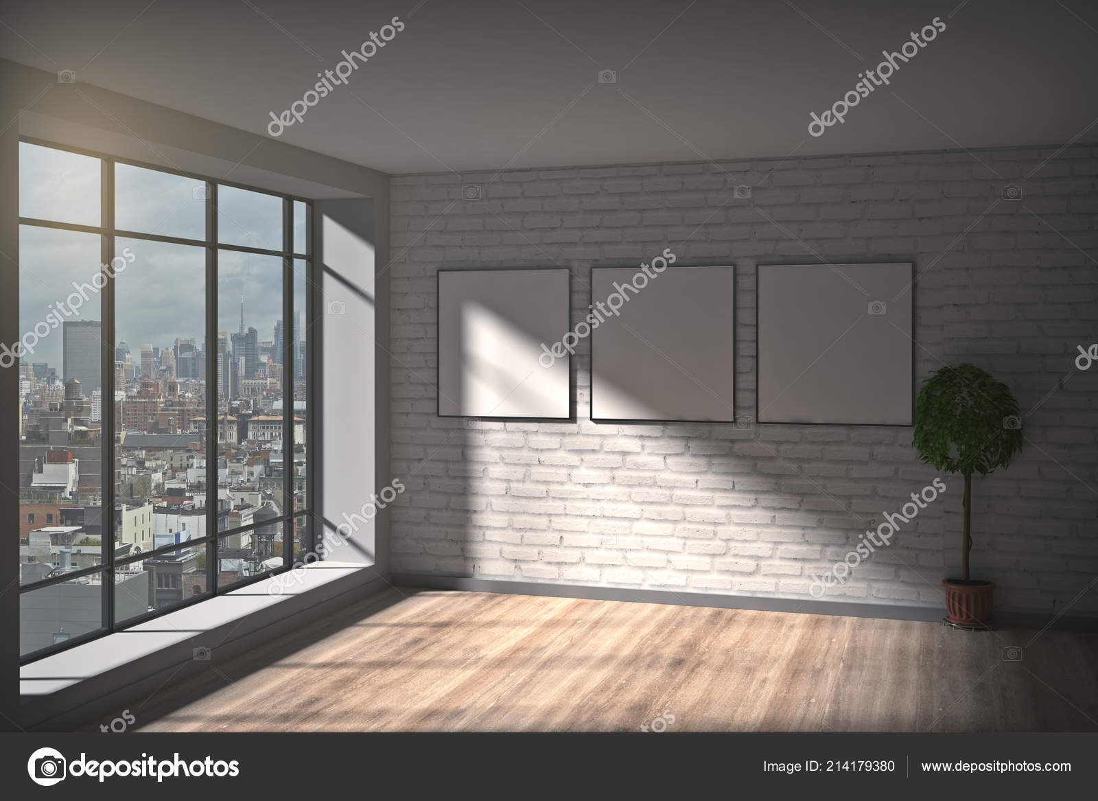 Download Contemporary Museum Interior Empty Poster Wall Decorative Tree Window City Stock Photo C Peshkov 214179380 PSD Mockup Templates