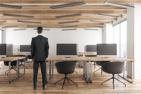 Businessman Standing Modern Coworking Office Interior Rendering — Stock Photo, Image