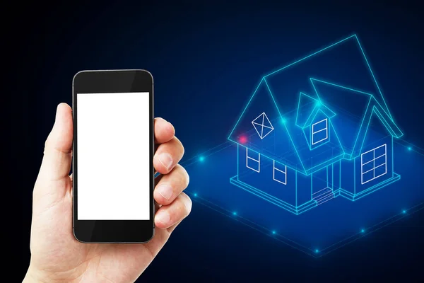 Mano Sosteniendo Teléfono Celular Con Holograma Casa Azul Brillante Concepto — Foto de Stock