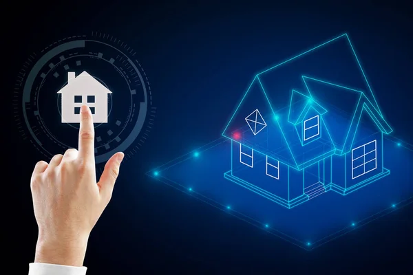 Hand Zeigt Auf Abstrakte Smart House Schnittstelle Technologie Und Innovationskonzept — Stockfoto