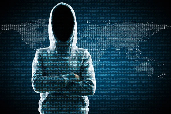 Hacker Sudadera Con Capucha Pie Fondo Del Mapa Código Binario — Foto de Stock