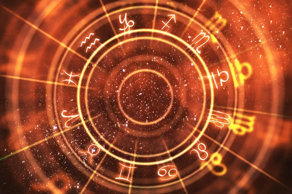 Abstract orange zodiac wheel background. Fortune telling and luck concept. 3D Rendering