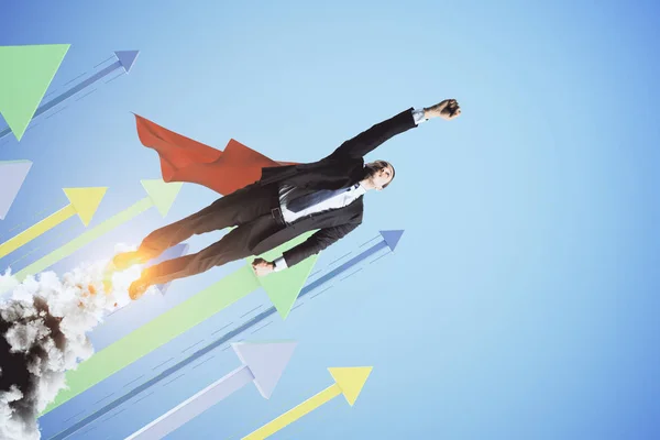 Super Man Launching Creative Blue Background Arrows Leadership Financial Growth — Stock Photo, Image