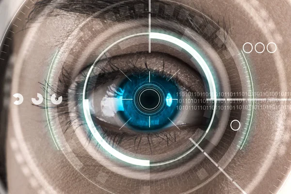 Abstract digital blue eye interface background. Biometrics and scanning concept. Double exposure