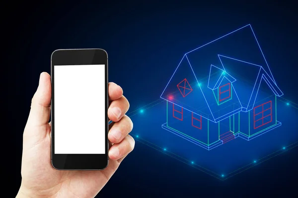 Hand Hält Smartphone Mit Leuchtend Blauem Haus Hologramm Smart Home — Stockfoto
