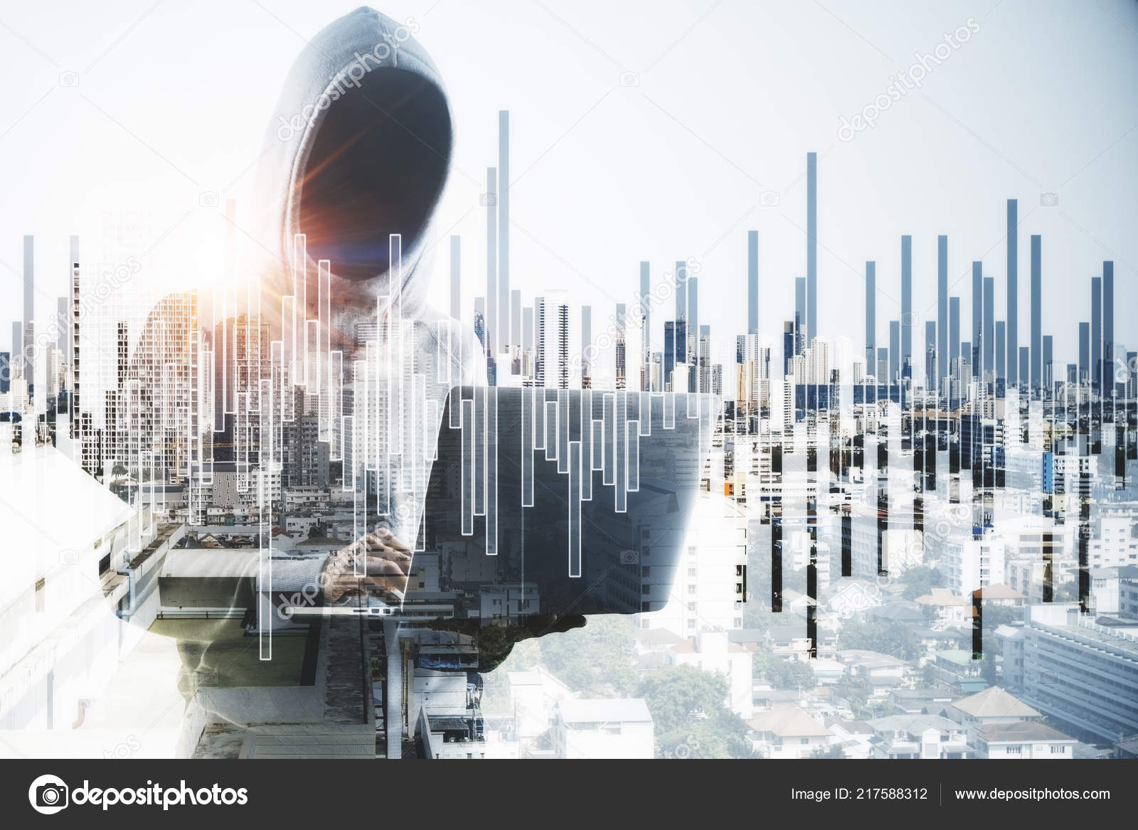Unrecognizable Hacker Hood Using Laptop Abstract City Background - 