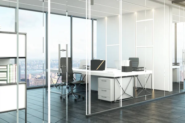 Moderní Kancelář Interiér Panoramatickým Výhledem Město Nábytku Vykreslování — Stock fotografie
