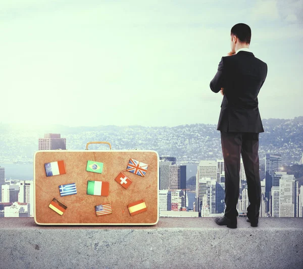 Businessman Standing Abstract Rooftop Suitcase City View Success Travel Research — Stock Photo, Image