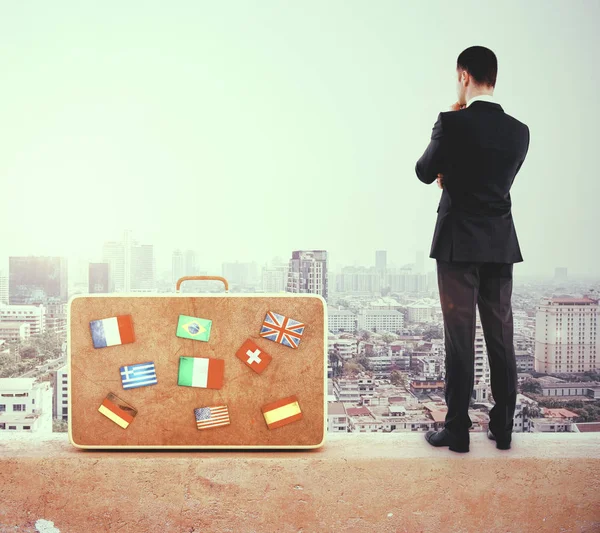 Businessman Standing Abstract Rooftop Suitcase City View Job Travel Research — Stock Photo, Image