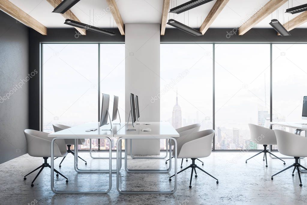 Clean coworking office interior with furniture, city view and daylight. Design concept. 3D Rendering 