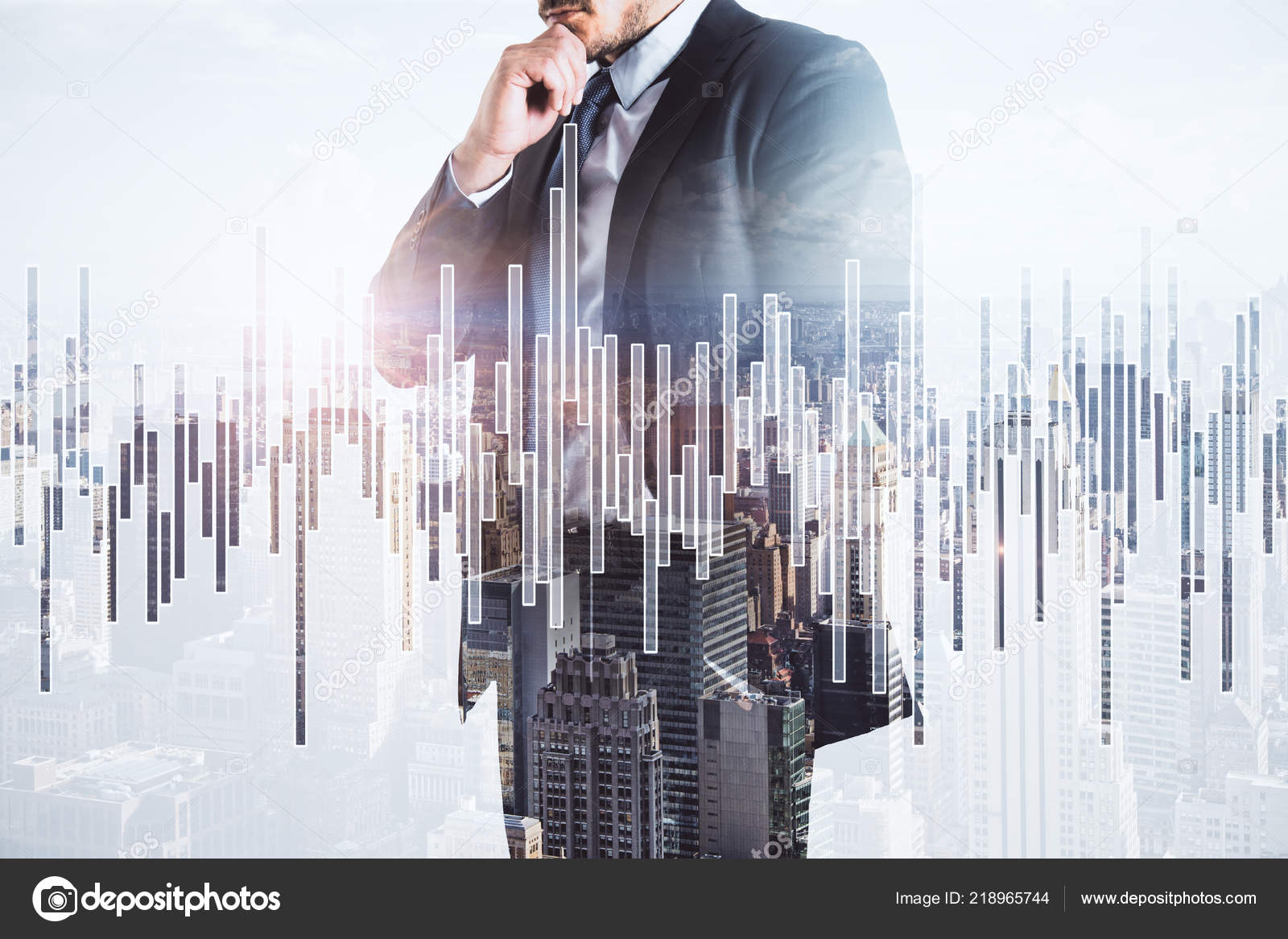 Thoughtful Young Businessman Abstract City Background Forex Chart - 