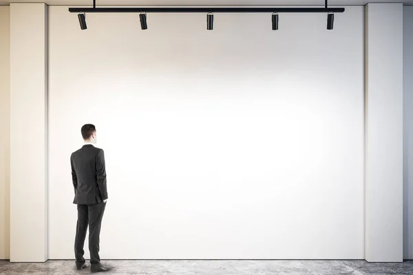 Young Businessman Gallery Looking Blank Poster Exhibition Concept Mock Rendering — Stock Photo, Image