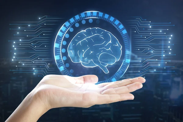Vrouw Hand Met Abstracte Digitale Hersenen Interface Kunstmatige Intelligentie Toekomst — Stockfoto