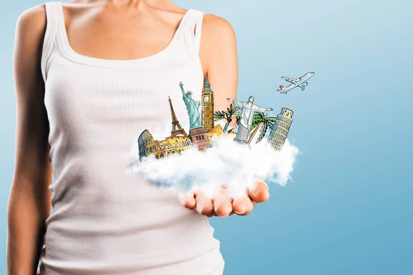 Kreative Illustration Einer Hand Die Eine Abstrakte Urlaubsskizze Auf Wolke — Stockfoto