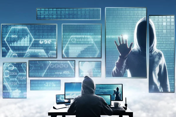 Conceito Pirataria Malware Hacker Usando Laptop Abstrato Com Interface Digital — Fotografia de Stock