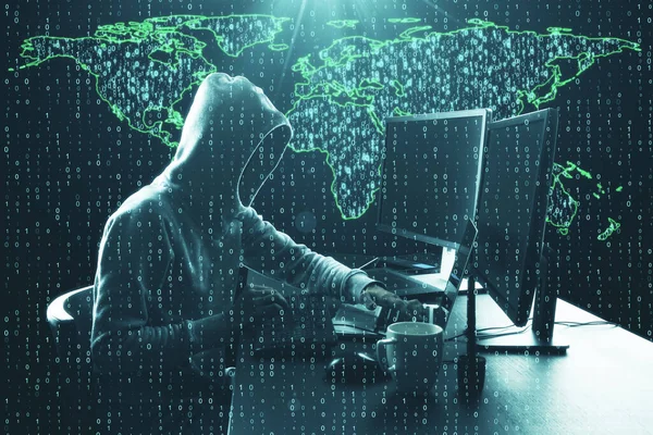 Хакер Використовує Комп Ютер Столом Картою Двійковим Кодом Обчислювальна Фішингова — стокове фото