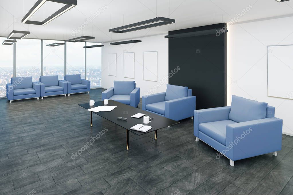 Light office waiting area interior with panoramic city view, comfortable armchairs and coffee tables. 3D Rendering 