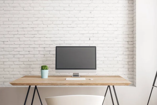 Intérieur Moderne Avec Ordinateur Vide Sur Bureau Concepteur Maquette Rendu — Photo