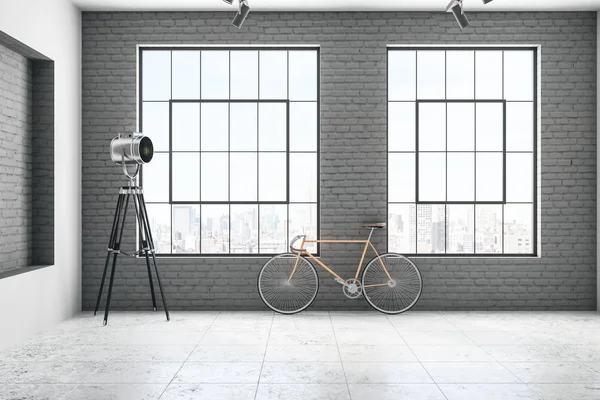 Interior Moderno Ladrillo Hipster Con Lámpara Bicicleta Vista Ciudad Renderizado — Foto de Stock