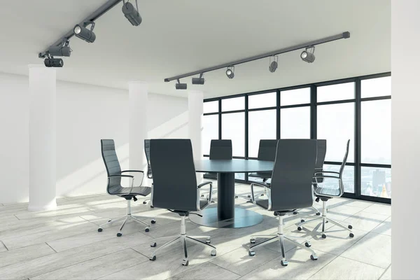 Modern conference room with furniture, city view and daylight. 3D Rendering