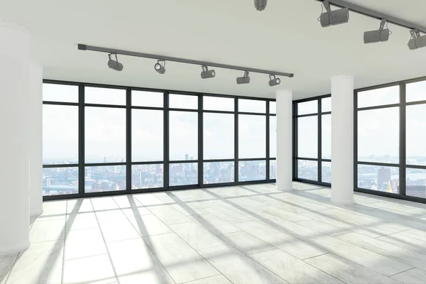 Contemporary Empty Office Interior Columns City View Shadows Rendering — Stock Photo, Image