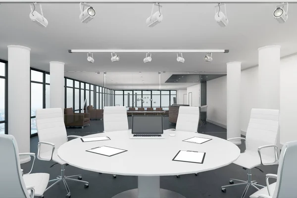近代的なミーティング ルーム空のラップトップの机の上でインテリア レンダリングを模擬 — ストック写真
