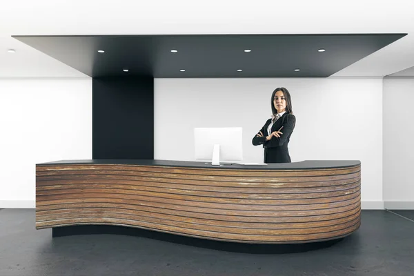 Attractive Young European Businesswoman Standing Modern Reception Desk Office Interior — Stock Photo, Image