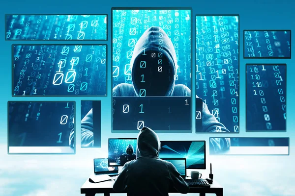 Conceito Pirataria Phishing Hacker Usando Laptop Abstrato Com Interface Digital — Fotografia de Stock