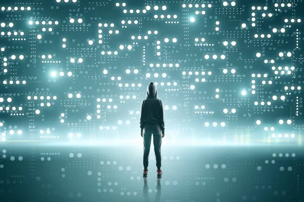 Back view of young female hacker standing on abstract glowing circuit background. Hacking and theft concept. 3D Rendering