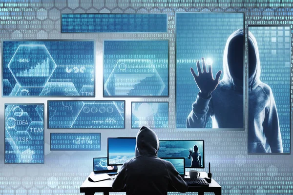Πειρατεία Και Κλοπή Έννοια Χάκερ Χρησιμοποιώντας Αφηρημένη Laptop Ψηφιακή Διεπαφή — Φωτογραφία Αρχείου
