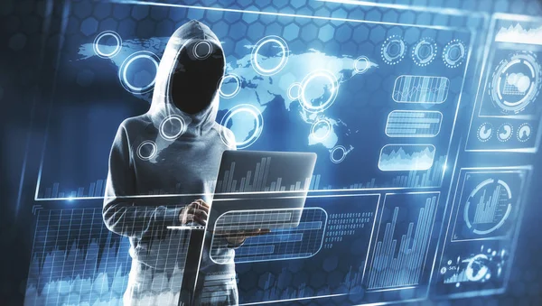 Hacking Und Datenkonzept Hacker Mit Abstrakten Laptop Mit Binärcode Digitale — Stockfoto