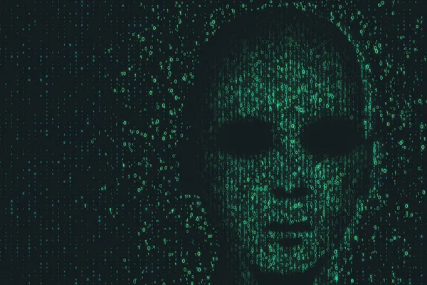 Concepto Hackeo Robo Cara Hacker Fondo Código Binario Oscuro Abstracto —  Fotos de Stock