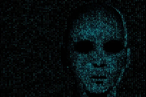 Hack Concepto Identidad Cara Hacker Fondo Código Binario Oscuro Abstracto —  Fotos de Stock