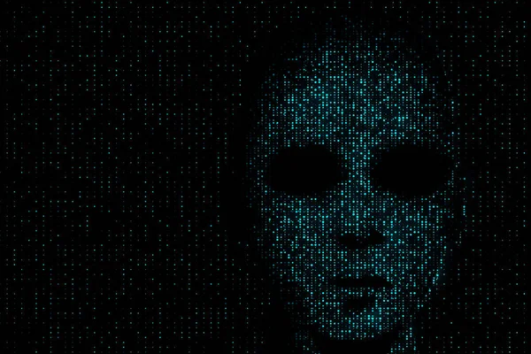 Hack Concepto Datos Cara Hacker Fondo Código Binario Oscuro Abstracto —  Fotos de Stock