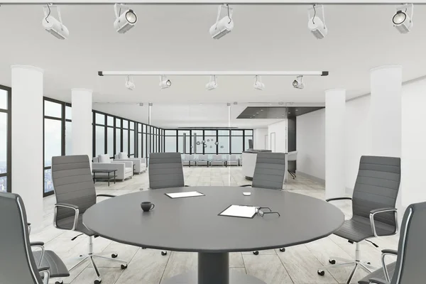 Contemporary meeting room interior with city view and furniture. 3D Rendering