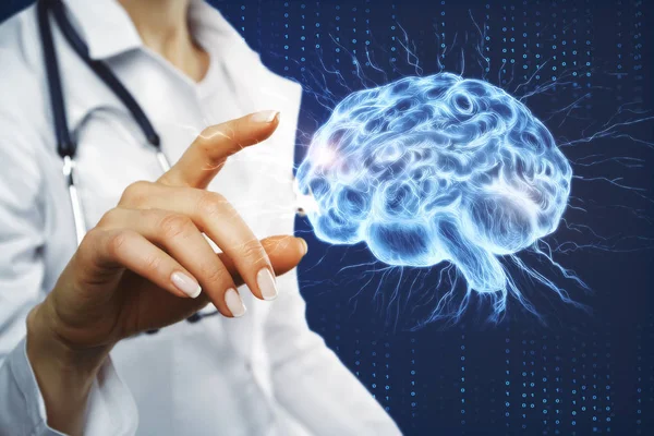 Female doctor hand pointing at glowing brain interface. Artificial intelligence and ai concept. 3D Rendering
