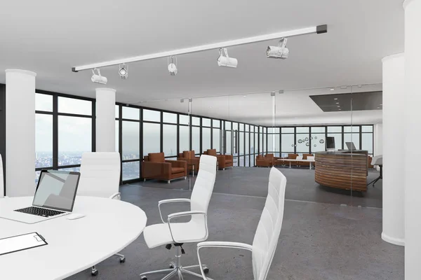 Interior Brilhante Sala Reuniões Com Móveis Laptop Vazio Preparem Rendering — Fotografia de Stock