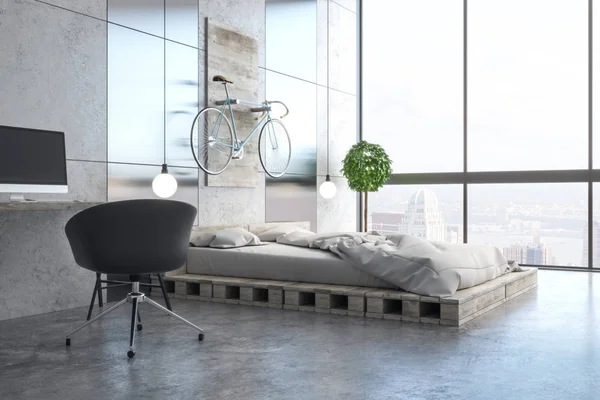 Light bedroom interior with workplace, furniture, decorative items and daylight. 3D Rendering