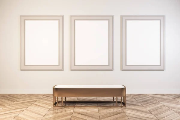 Bright white gallery interior with empty poster and seat/bench. Museum and art concept. Mock up, Rendering