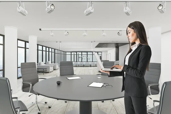 Pretty Businesswoman Using Laptop Modern Meeting Room Interior Rendering — Stock Photo, Image