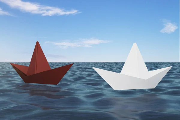 Statek Origami Niebieski Wody Koncepcja Przywództwa Podróż Renderowania — Zdjęcie stockowe