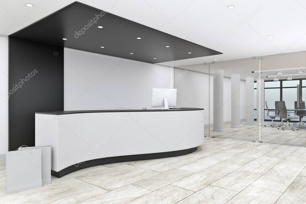 Modern office lobby interior with reception desk. Entrance concept. 3D Rendering 